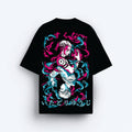 Black t-shirt with colorful graphic JUJUTSU design on a white background