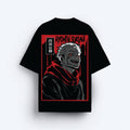 Black t-shirt with a graphic design of a character SUKUNA  in a red and black outfit on a white background
