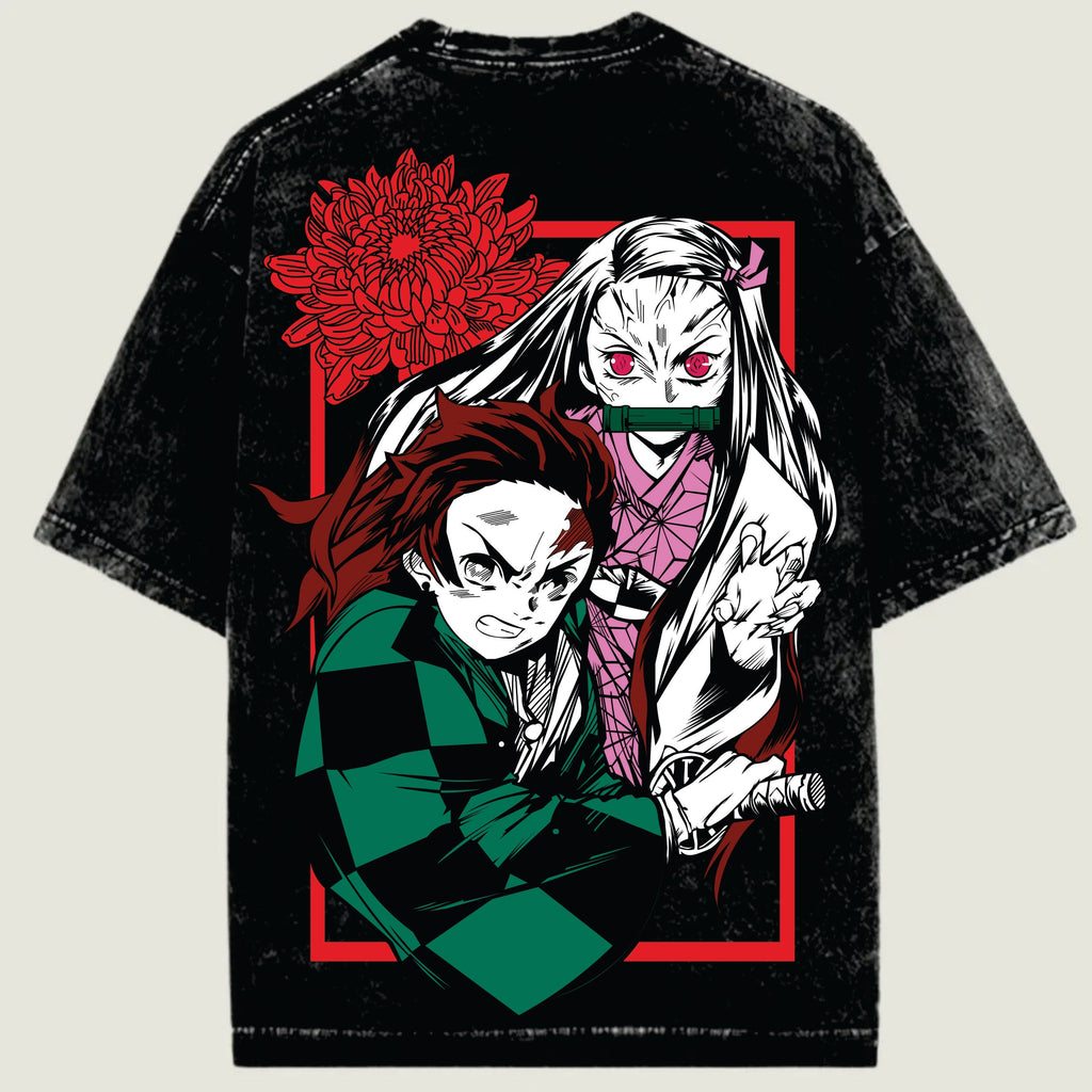 Black t-shirt with anime-style characters and red flower design on a beige background