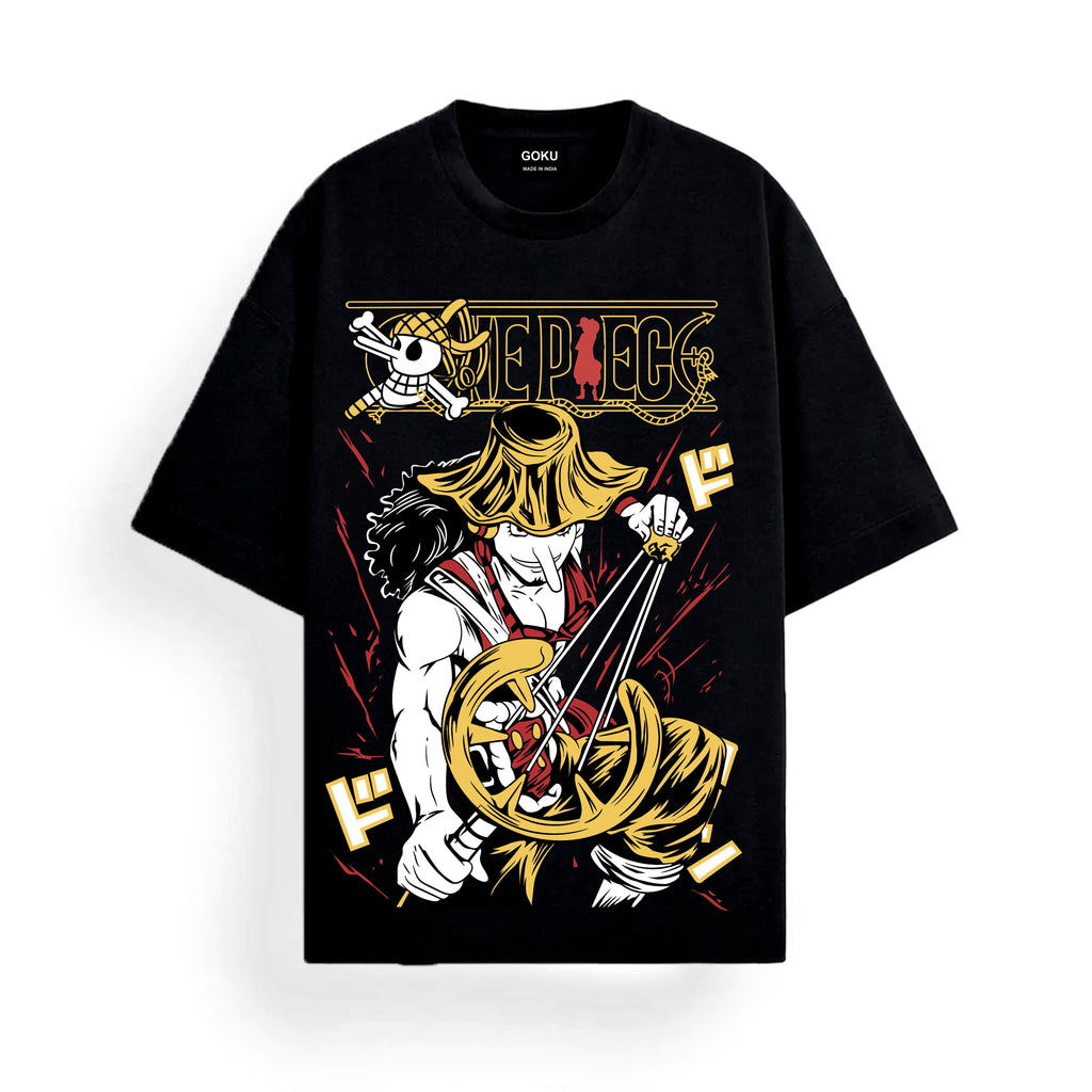 Black t-shirt with 'One Piece' character design.
