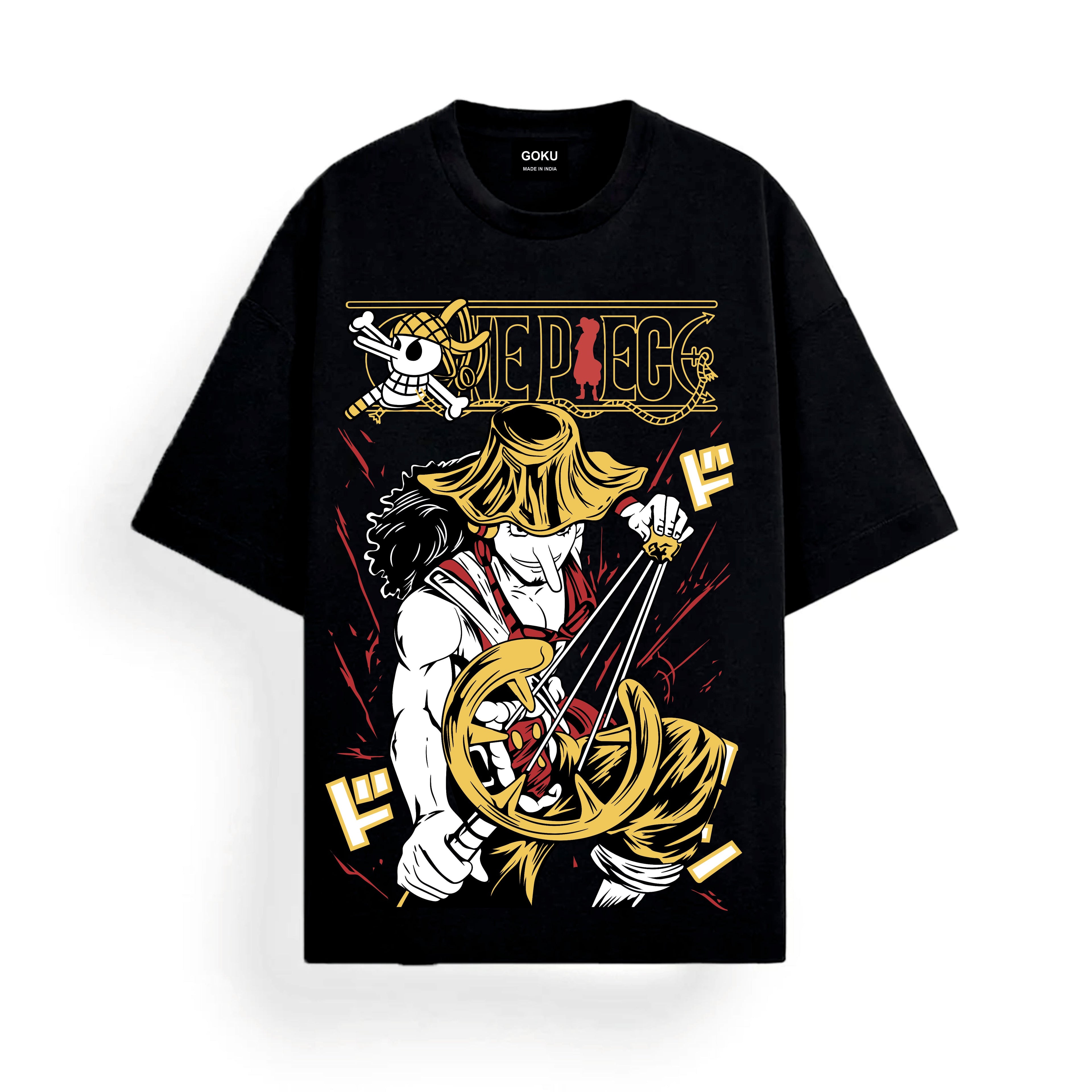 Black t-shirt with 'One Piece' character design.