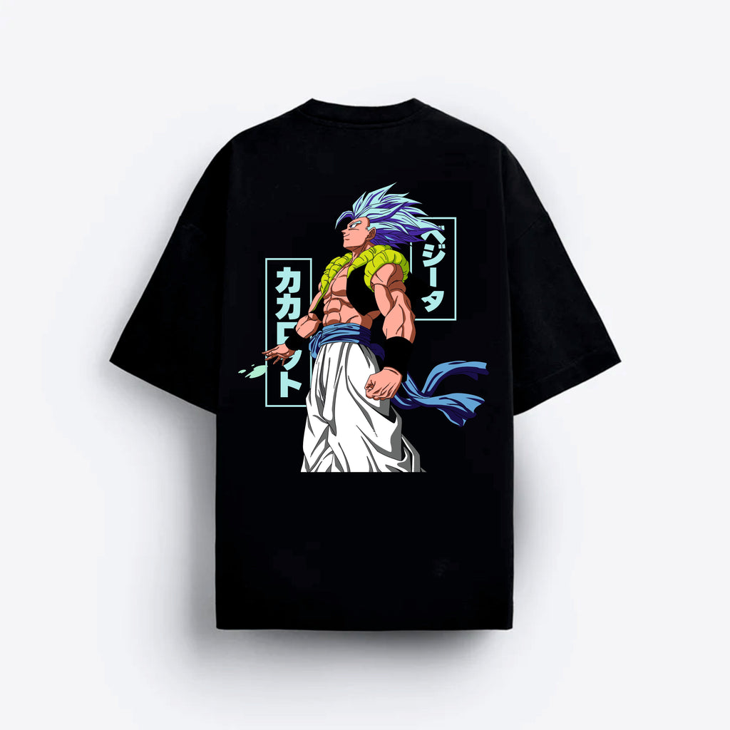 Black t-shirt with a colorful graphic Gogeta design.