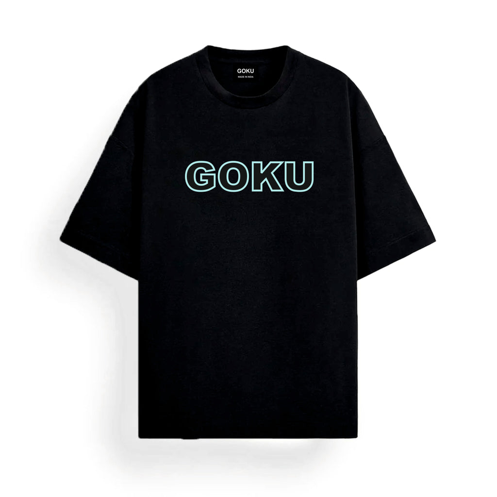 Black t-shirt with 'GOKU' printed in green.