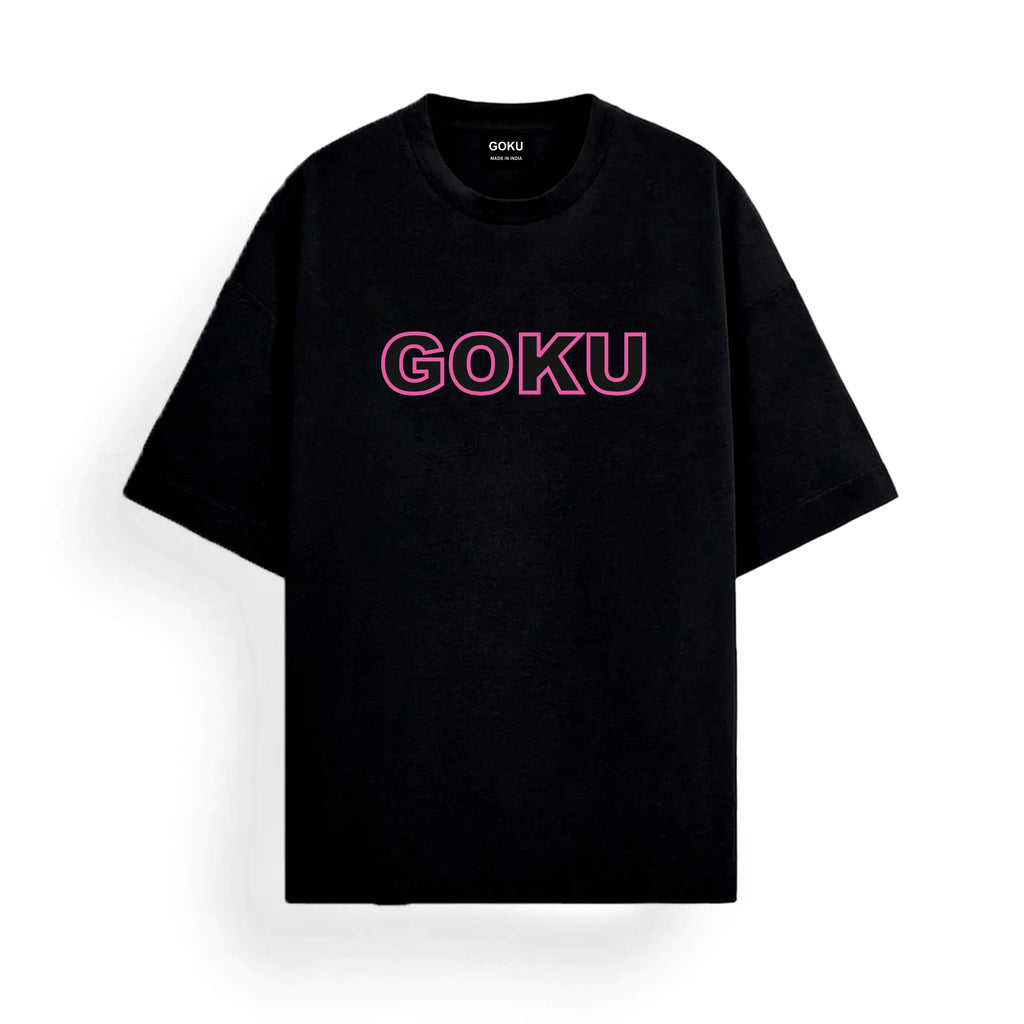Black t-shirt with 'GOKU' printed in pink.