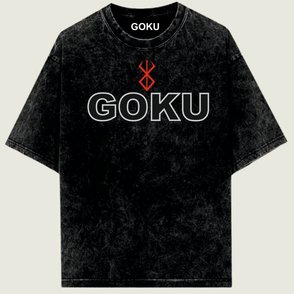 Black t-shirt with 'GOKU' and Berserk logo.