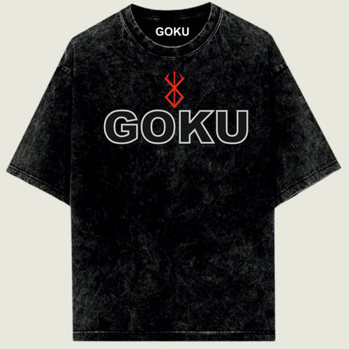Black t-shirt with 'GOKU' and Berserk logo.