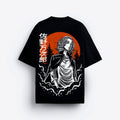 Black t-shirt with a graphic design of a person, red moon, and white text