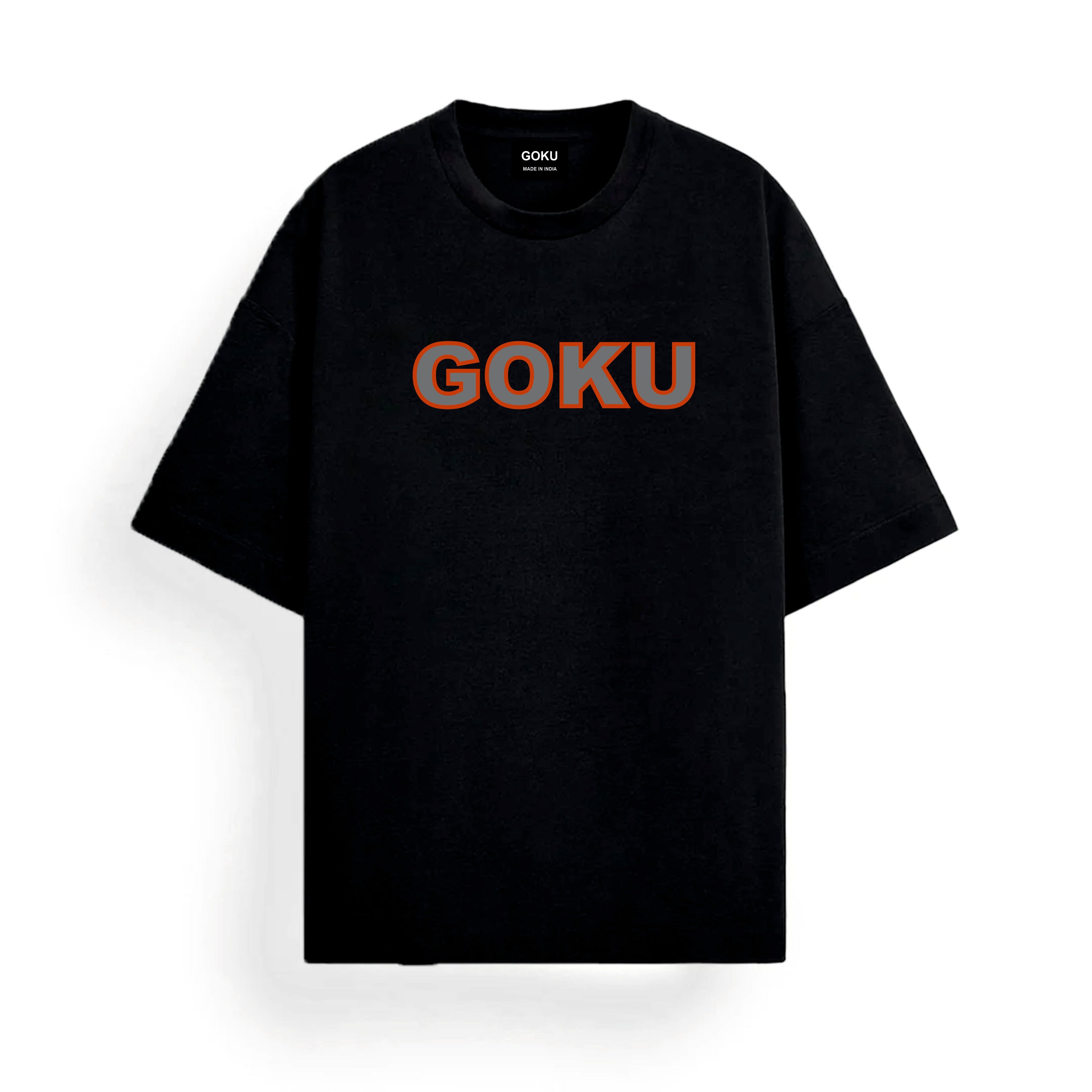 Black t-shirt with 'GOKU' printed in red and white
