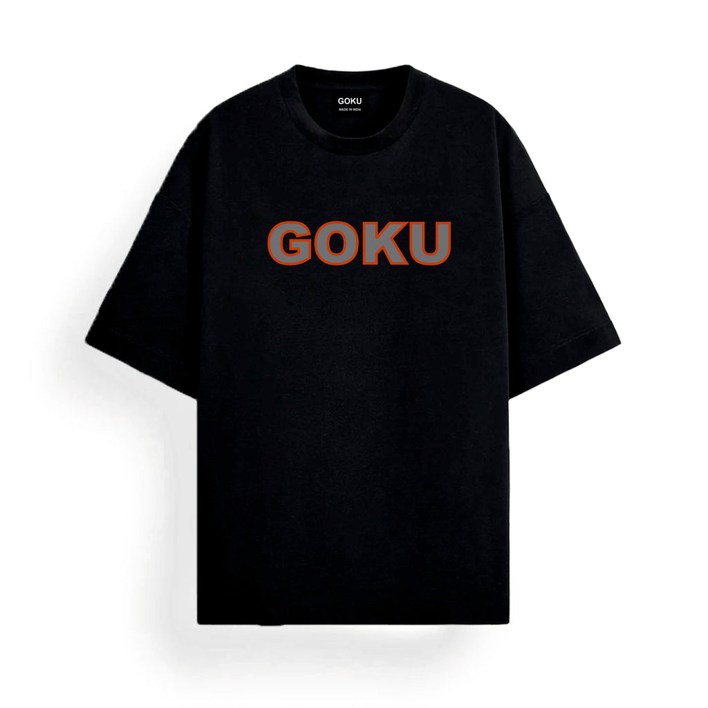 Black t-shirt with 'GOKU' printed in red and white