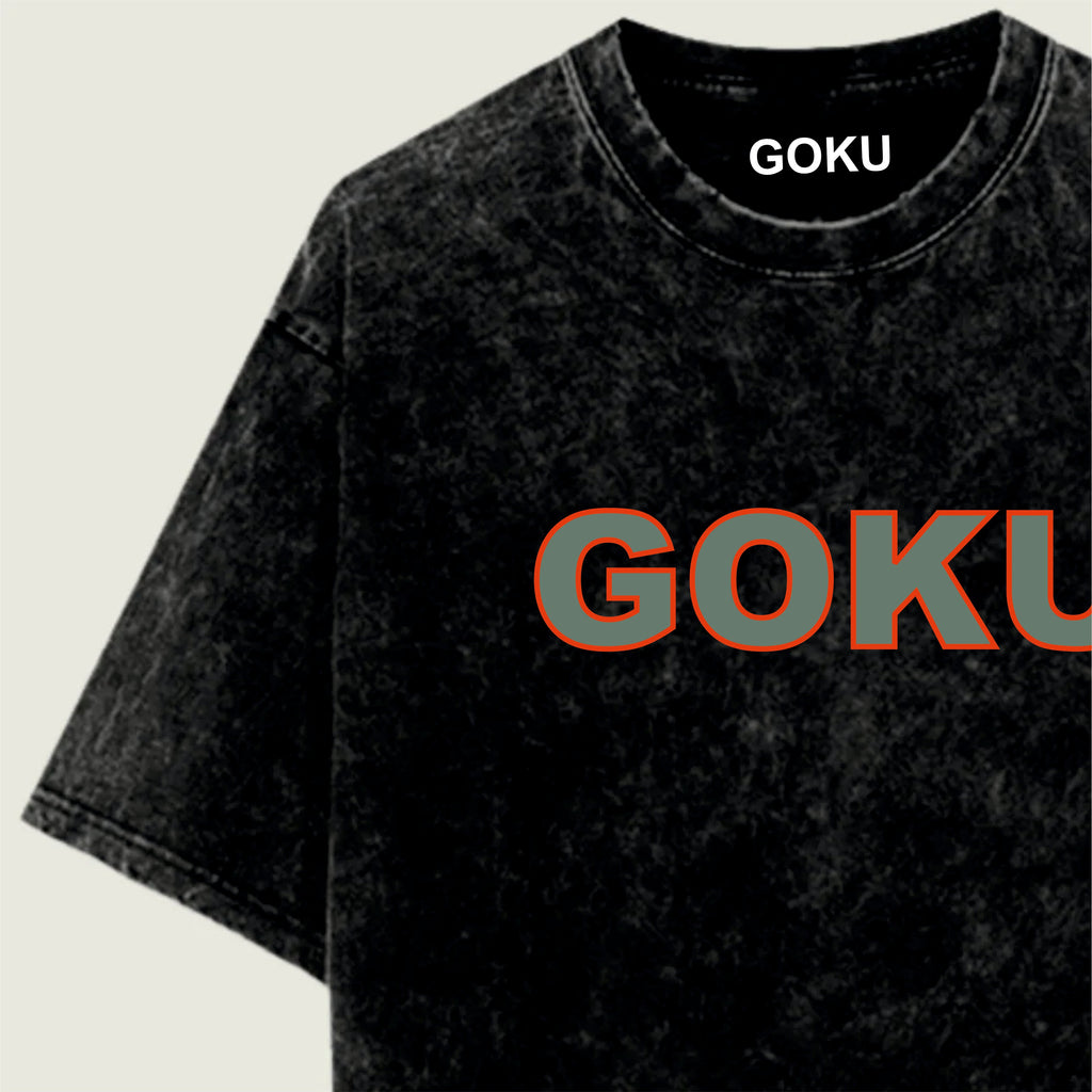 Black t-shirt with 'GOKU' printed in red and white