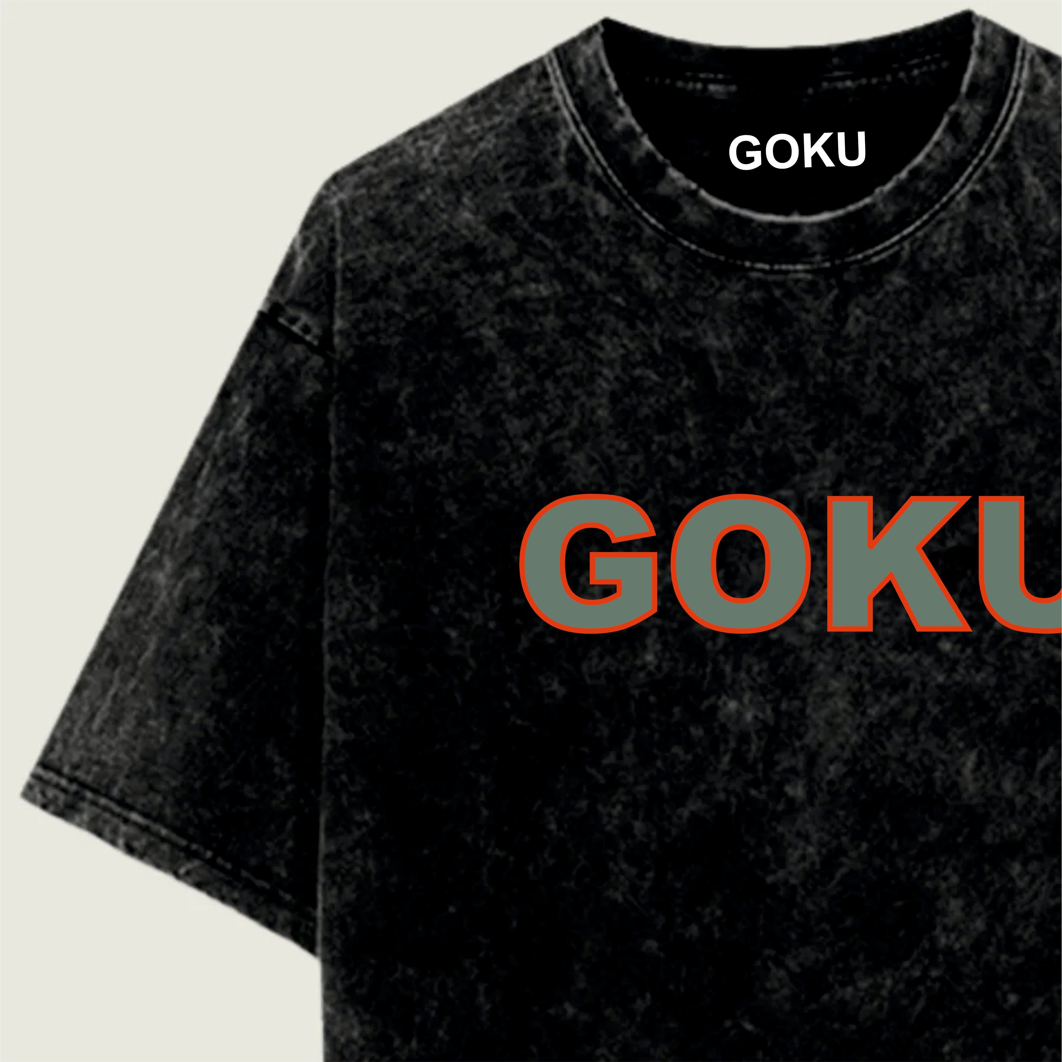 Black t-shirt with 'GOKU' printed in red and white