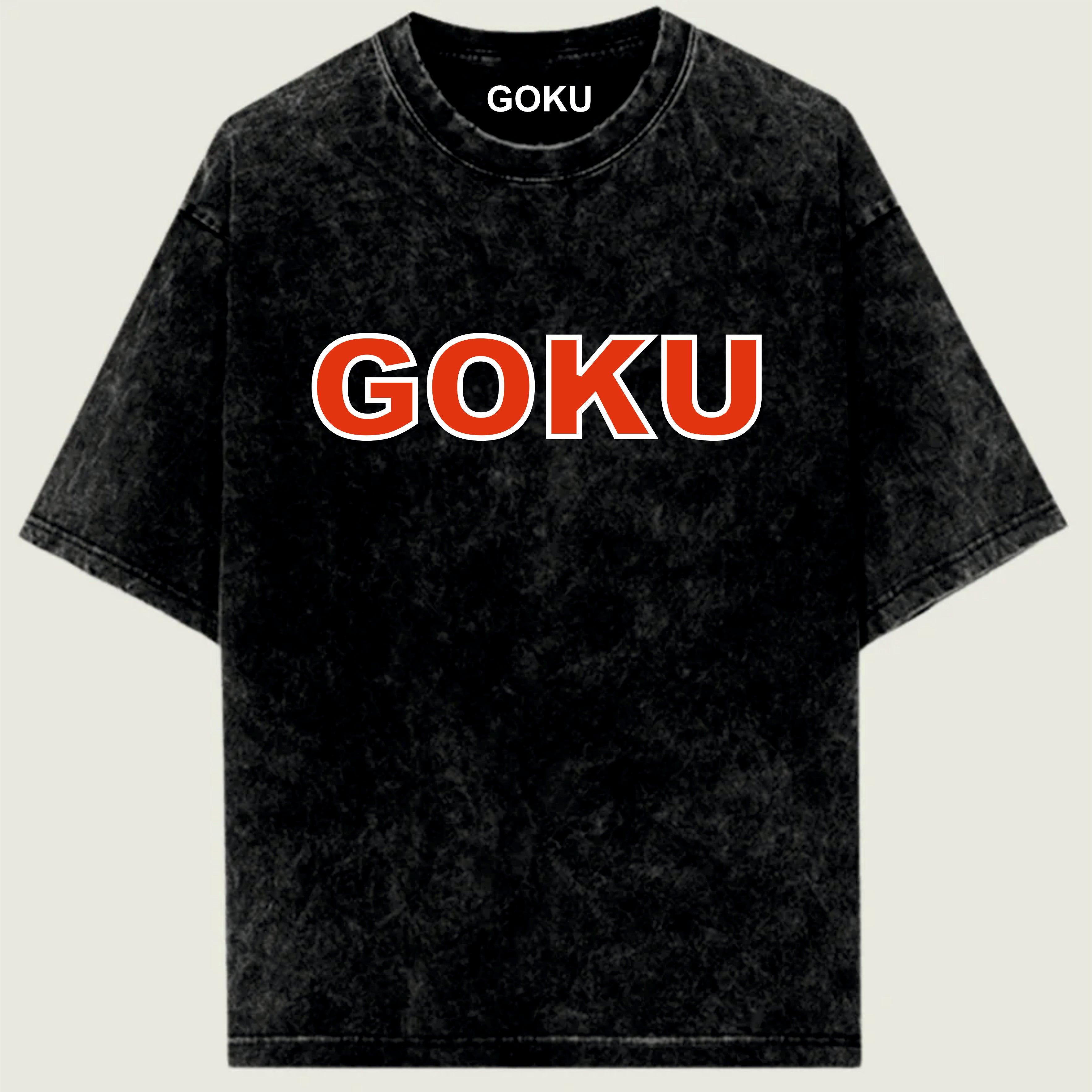 Black t-shirt with 'GOKU' printed in red