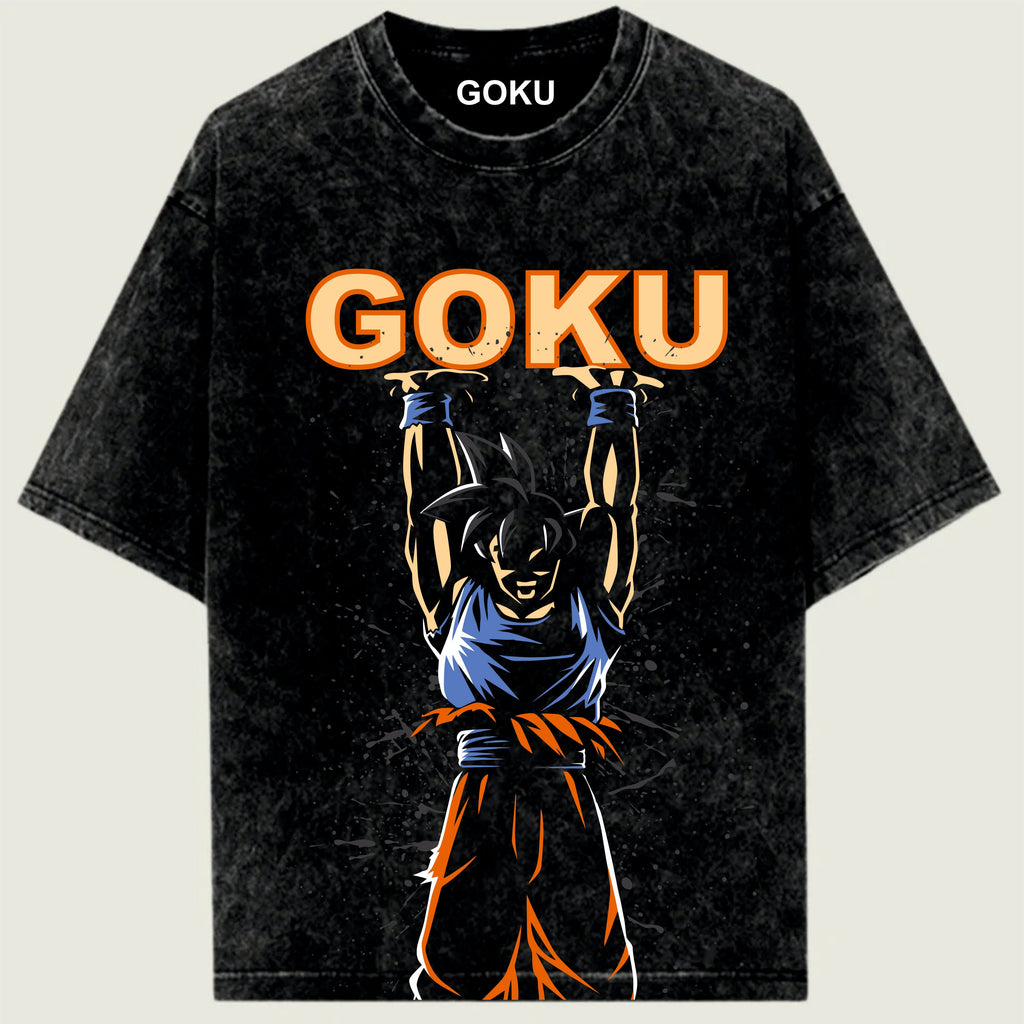 Black t-shirt with 'Goku' graphic and character design