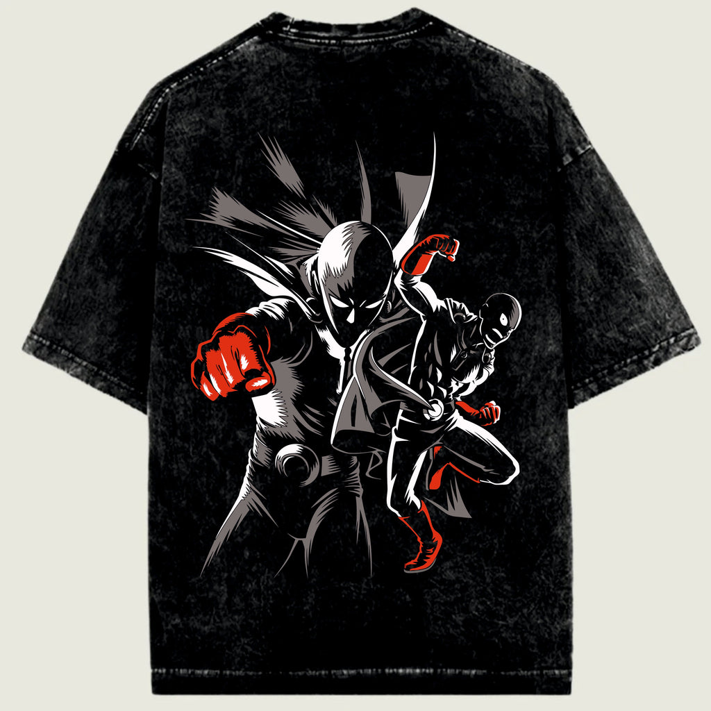 Black t-shirt with a graphic design of a superhero in a dynamic pose