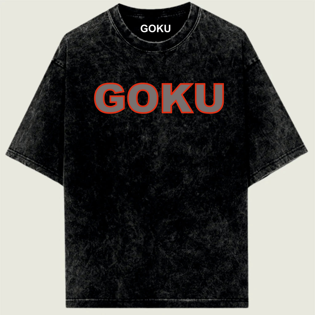 Black t-shirt with 'GOKU' printed in red 