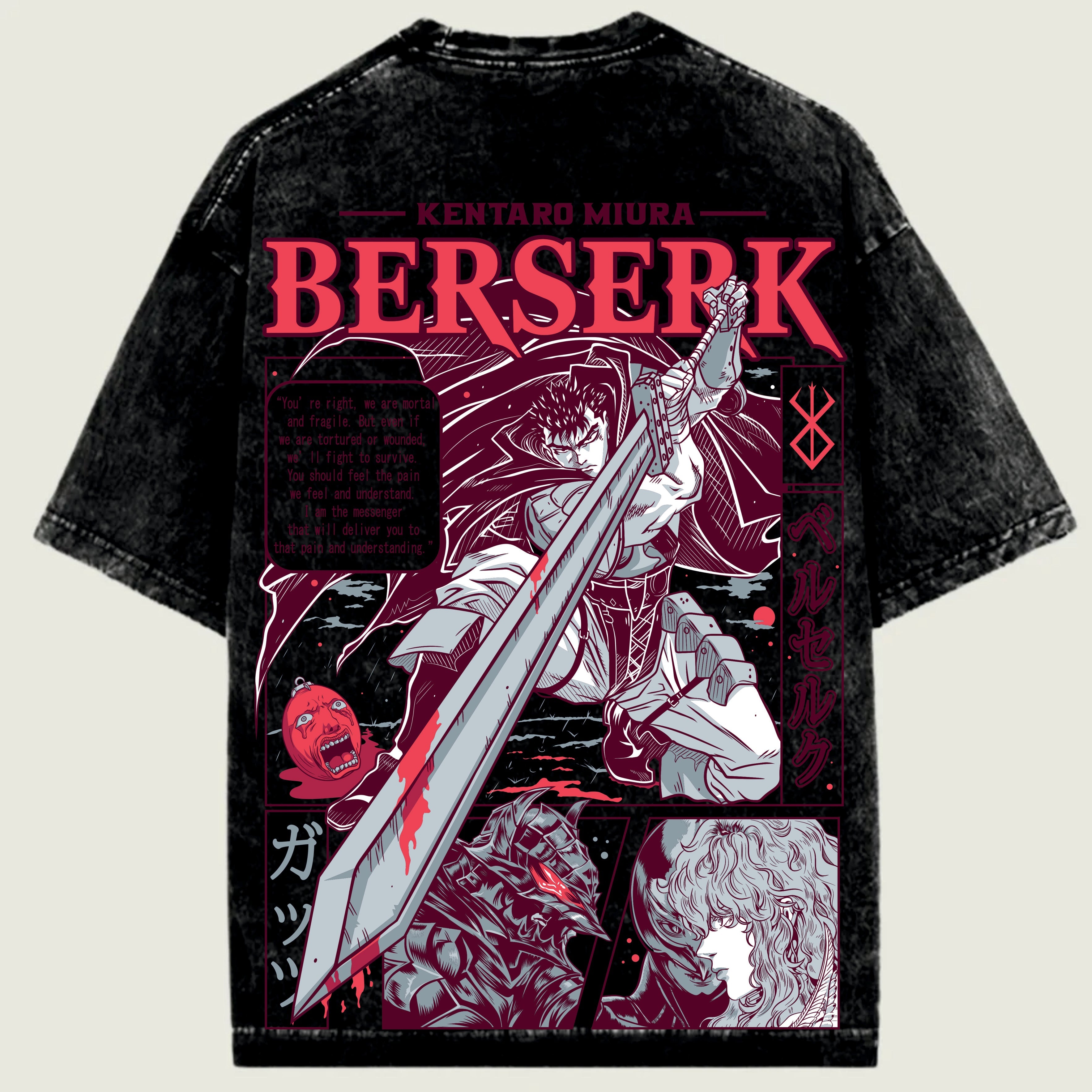 Black t-shirt with 'Berserk' graphic design featuring a character with a sword