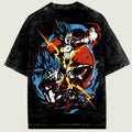 Black t-shirt with colorful graphic design of two characters