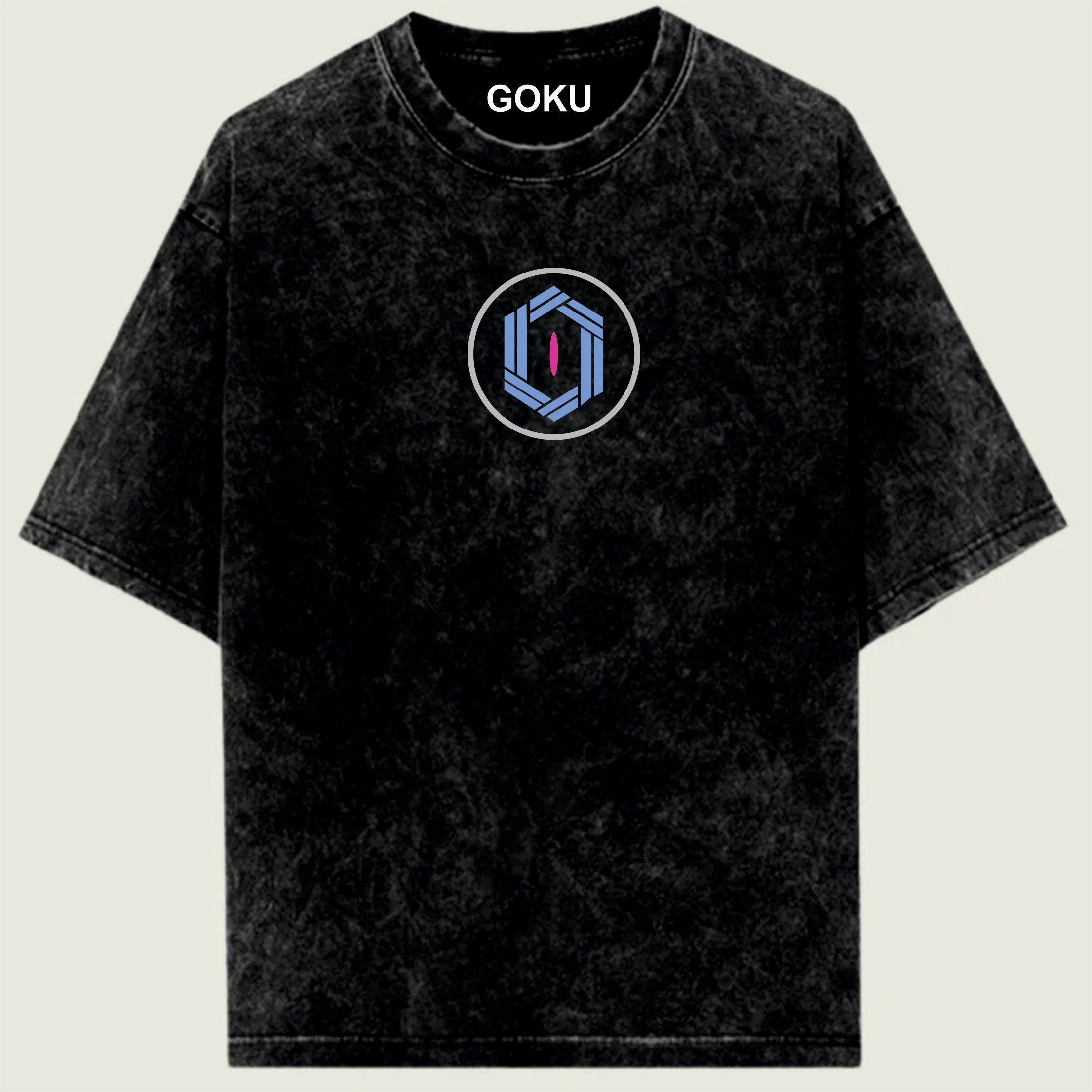 Black t-shirt with a circular logo and 'GOKU' text on a light