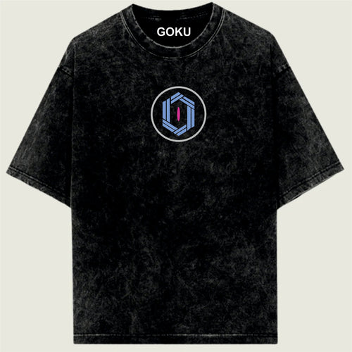 Black t-shirt with a circular logo and 'GOKU' text on a light