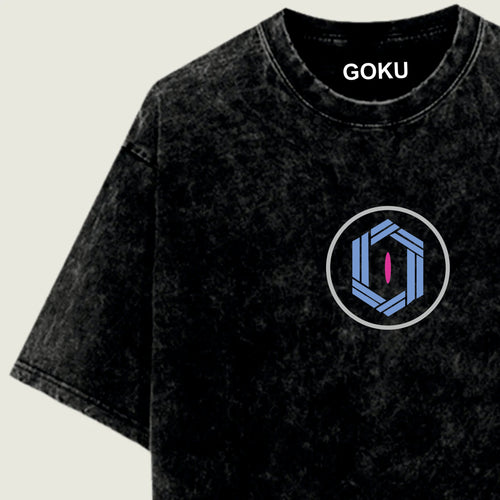 Black t-shirt with a blue and pink symbol and 'GOKU' text