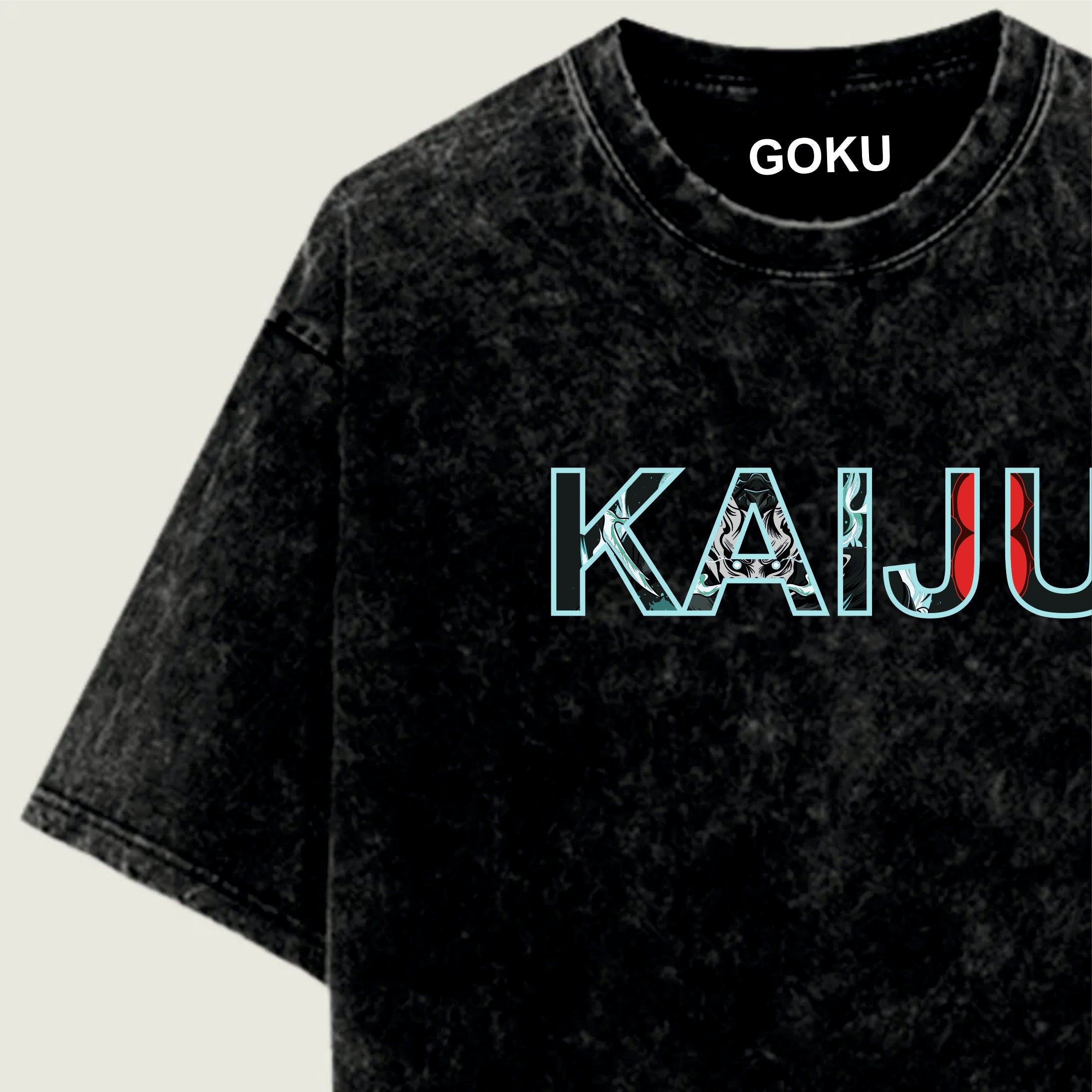 Black t-shirt with 'GOKU KAIJU' text 