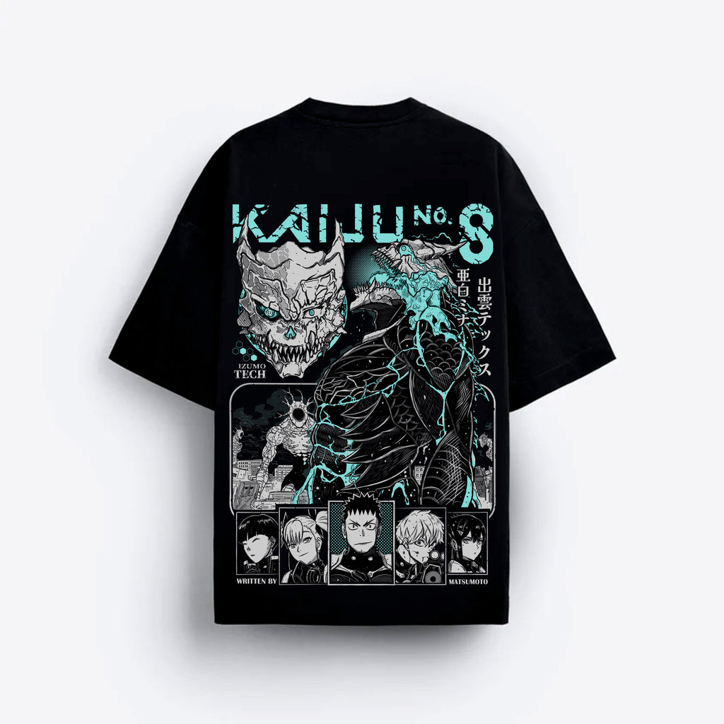Black t-shirt with green and white graphic Kaiju no 8 design