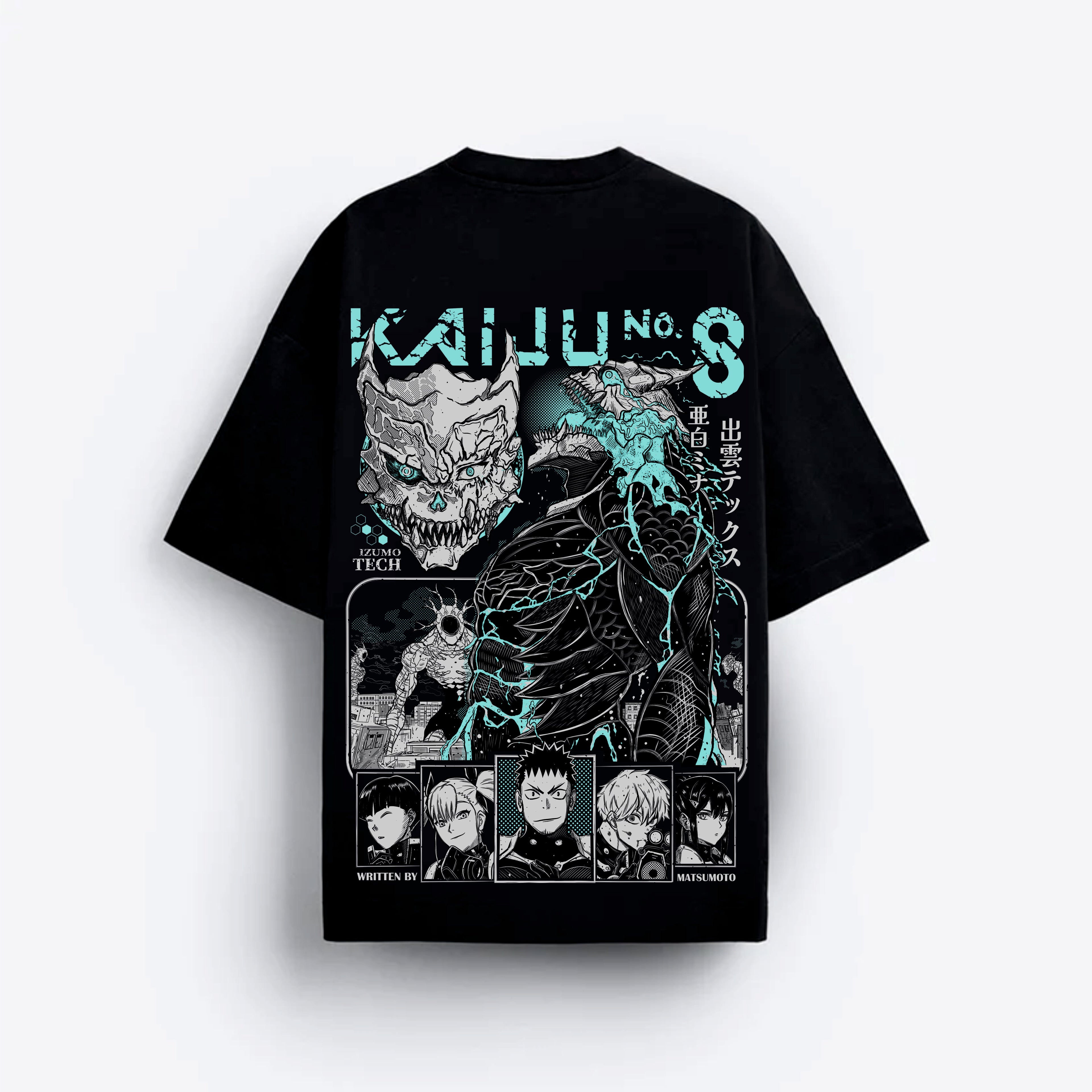 Black t-shirt with green and white graphic Kaiju no 8 design
