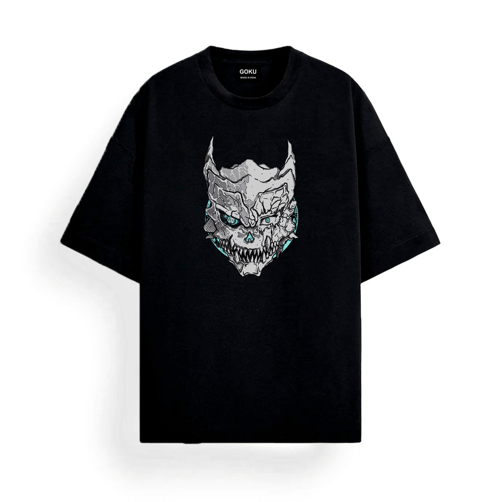 Black t-shirt with a graphic Kaiju design 
