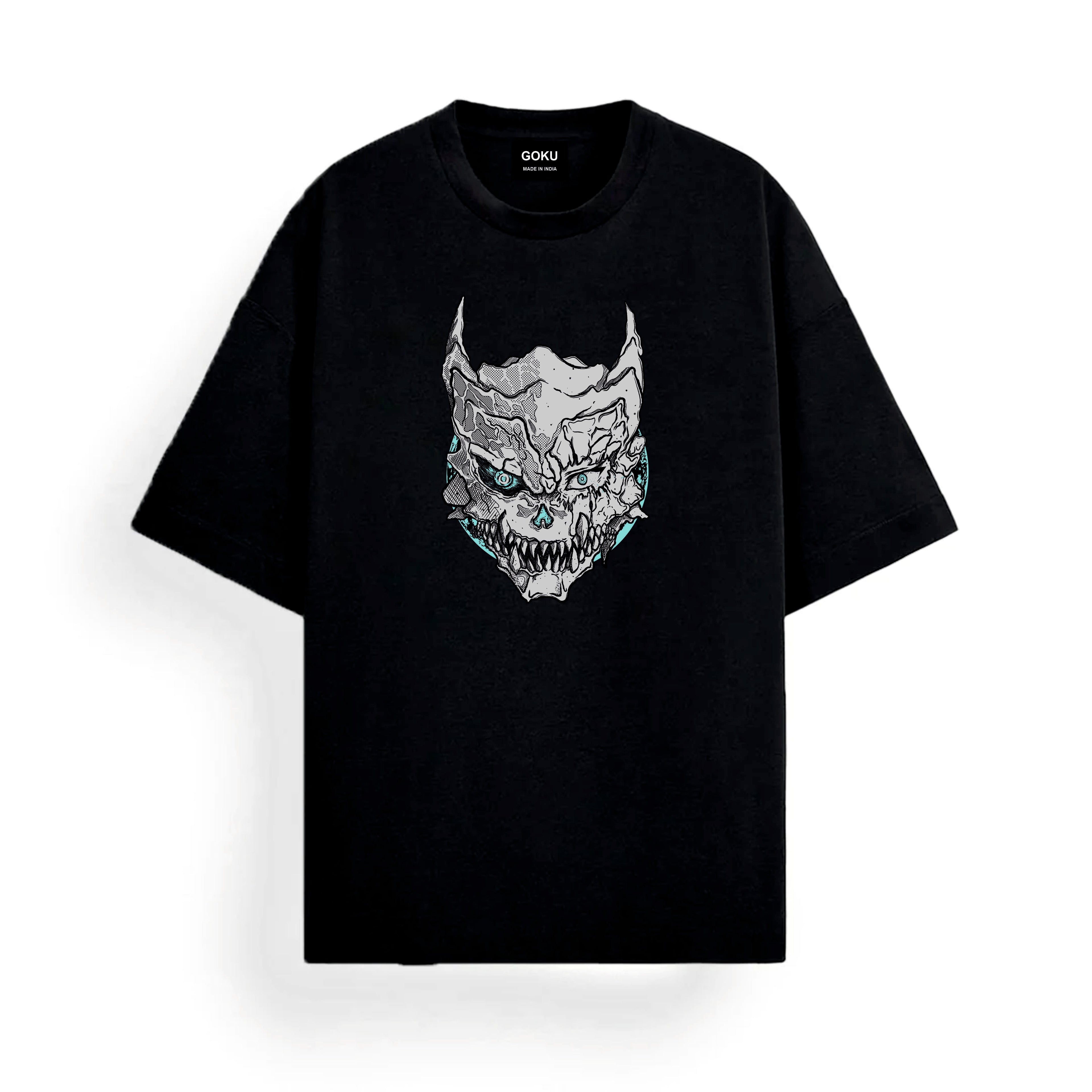 Black t-shirt with a graphic Kaiju design 