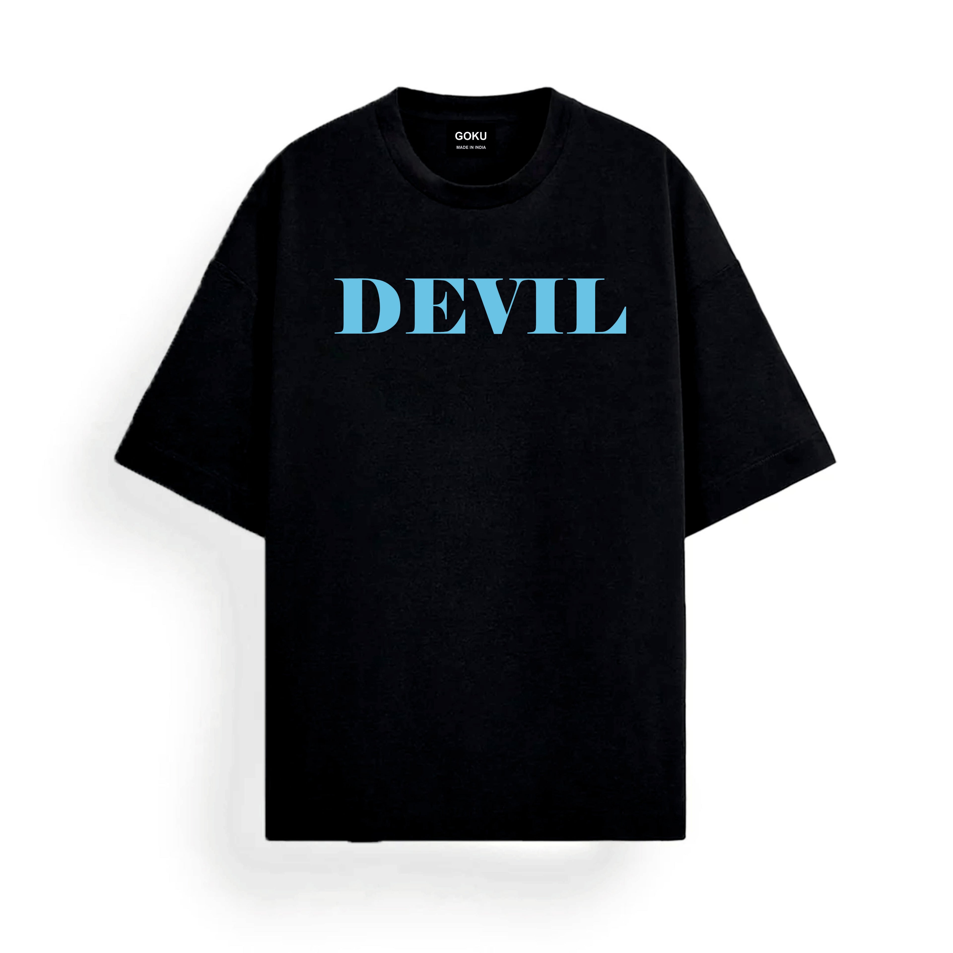 Black t-shirt with 'DEVIL' printed in turquoise