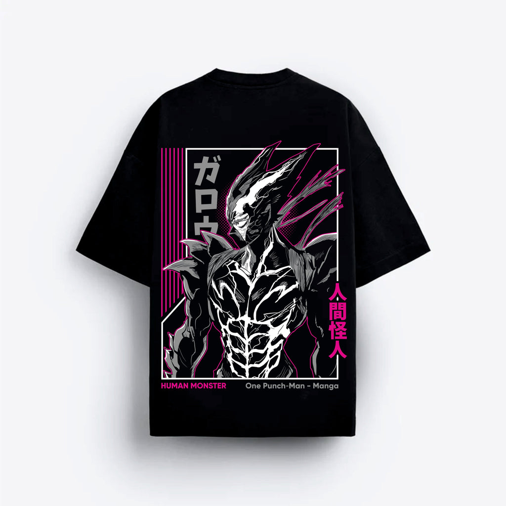 Black t-shirt with a graphic design of a creature and Japanese text on a white background
