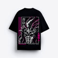 Black t-shirt with a graphic design of a creature and Japanese text on a white background
