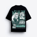 Black t-shirt with anime-style graphic and text