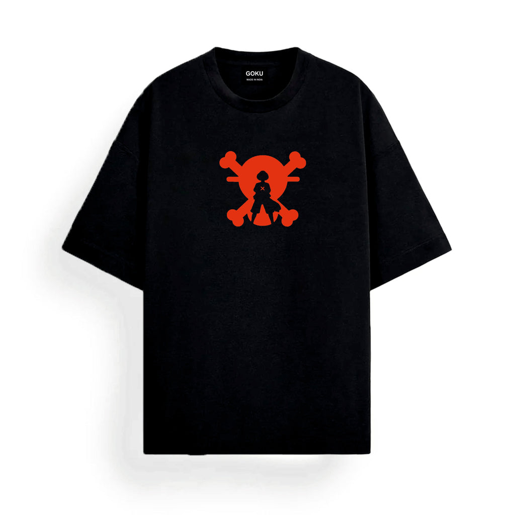 Black t-shirt with red skull design featuring a silhouette of a character 