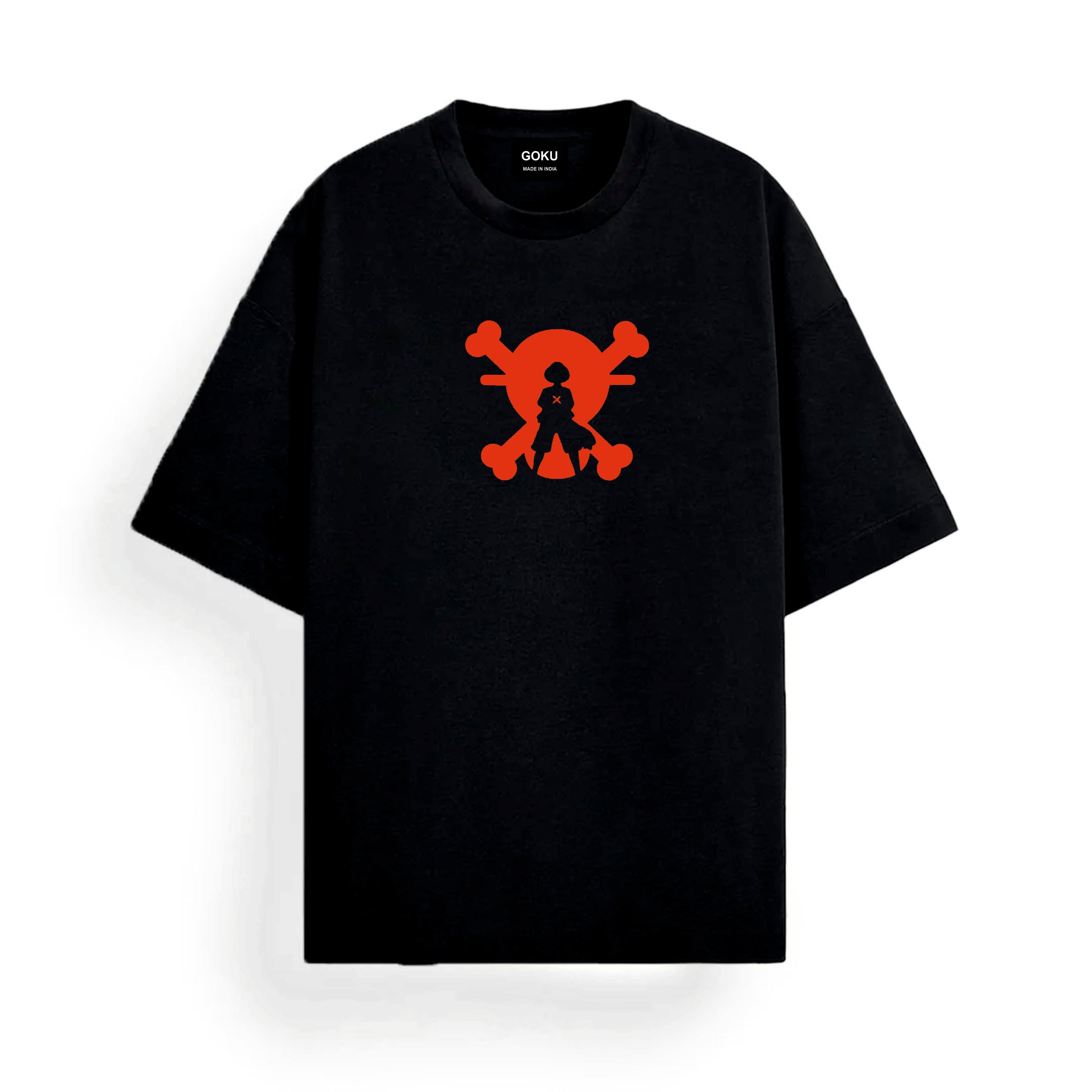 Black t-shirt with red skull design featuring a silhouette of a character 