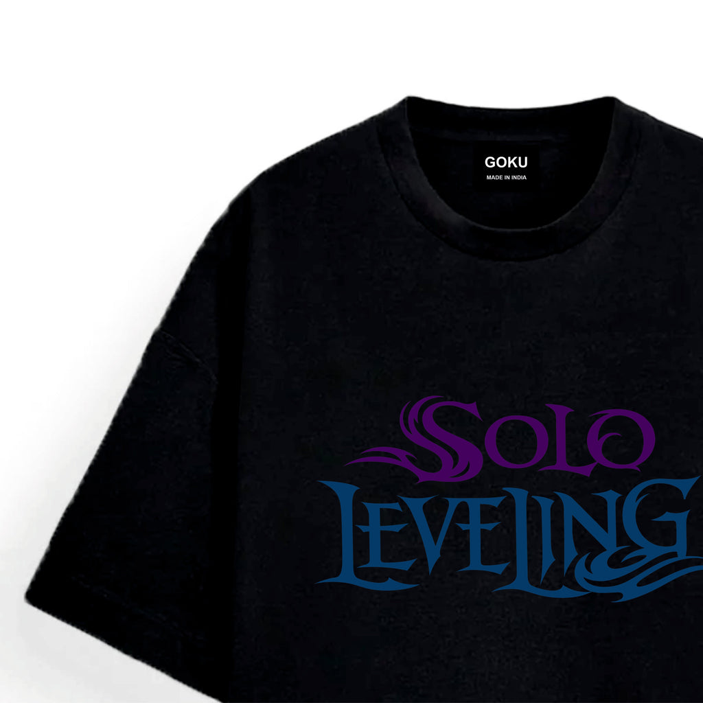 Black t-shirt with 'Solo Leveling' text in blue and purple