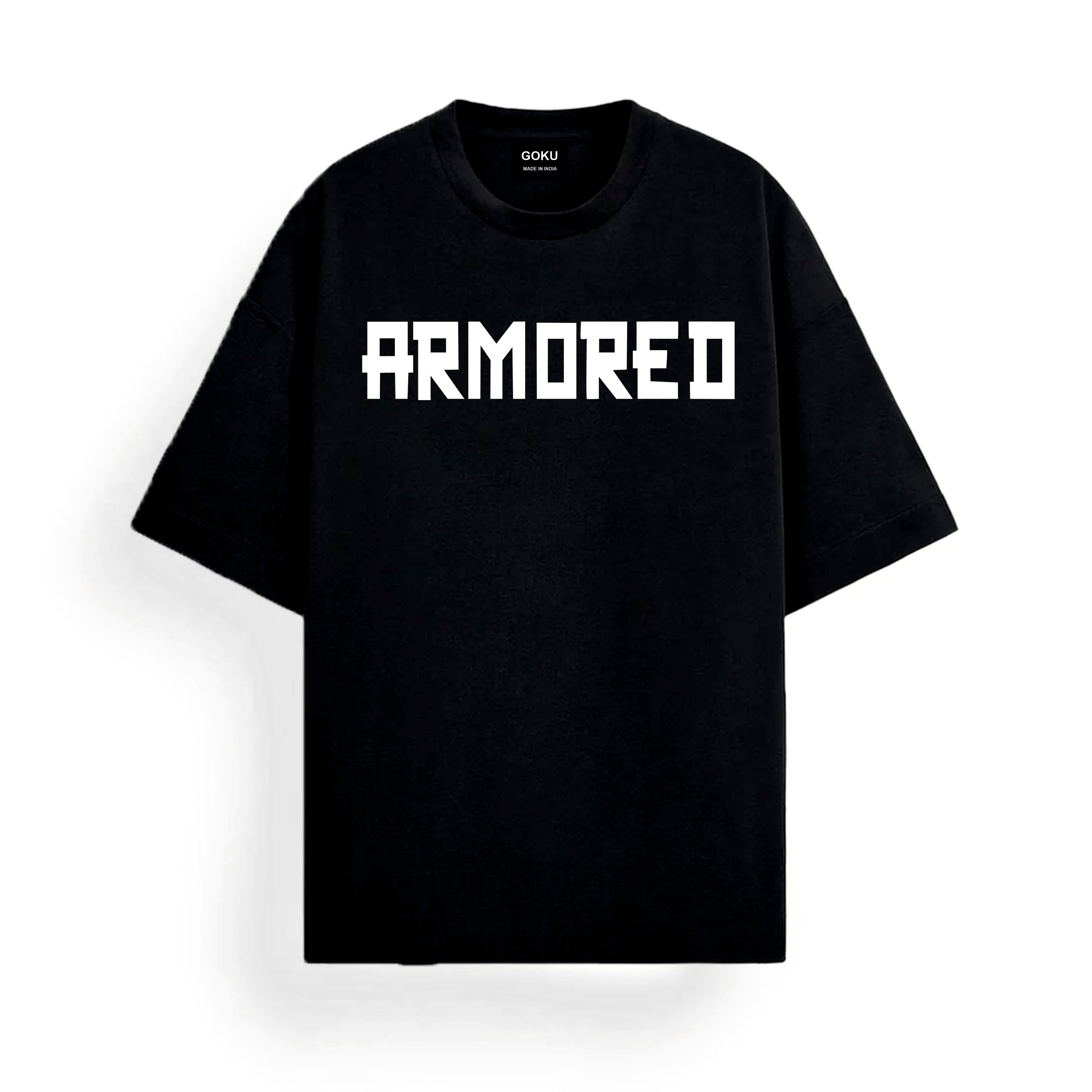 Black t-shirt with 'ARMORED' printed in white