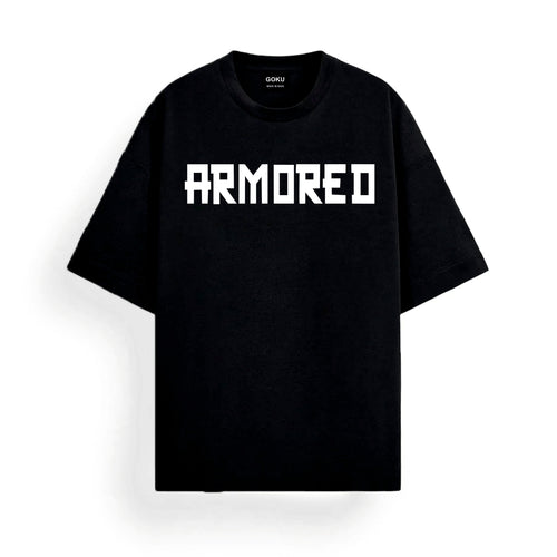 Black t-shirt with 'ARMORED' printed in white