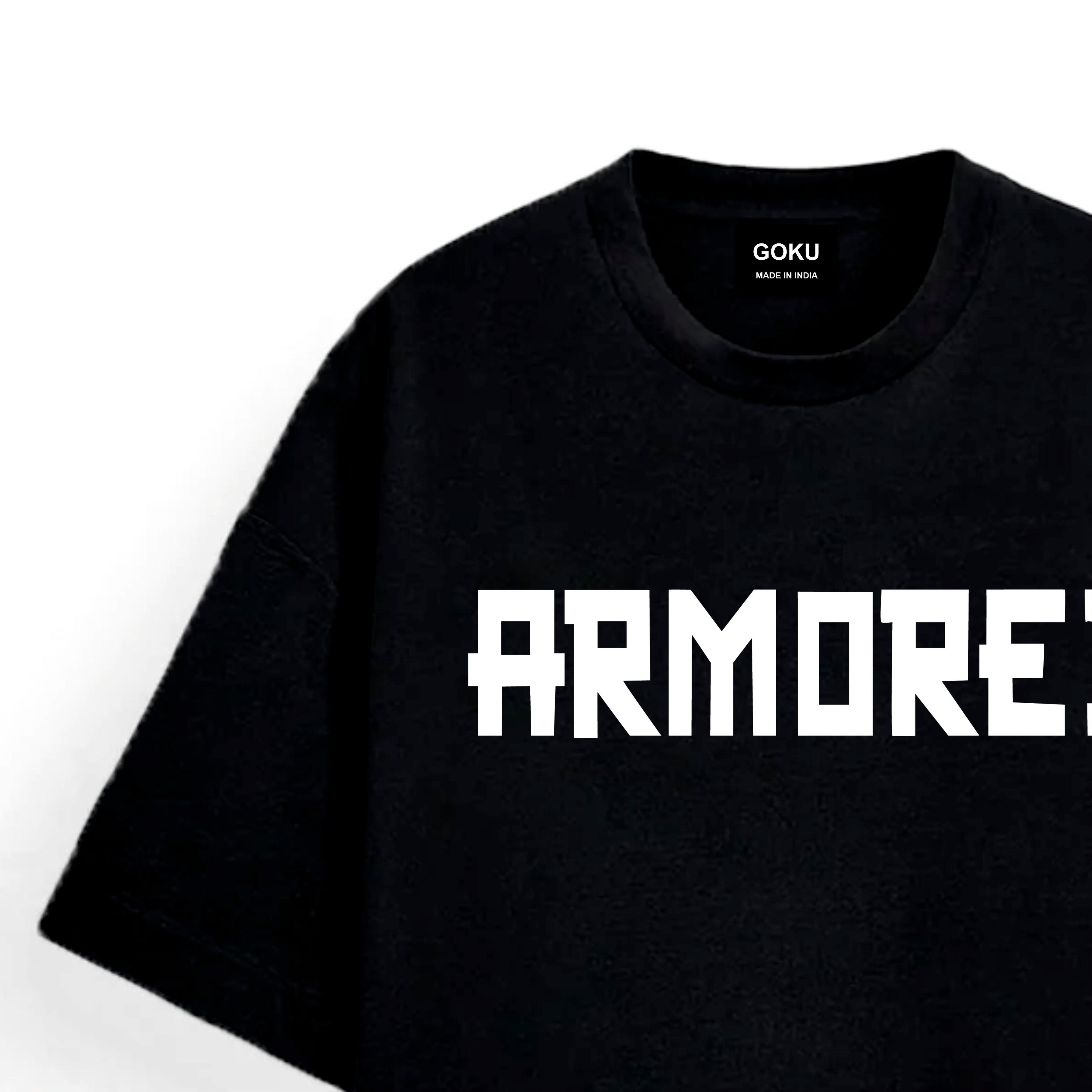 Black t-shirt with 'ARMORe' printed on it against