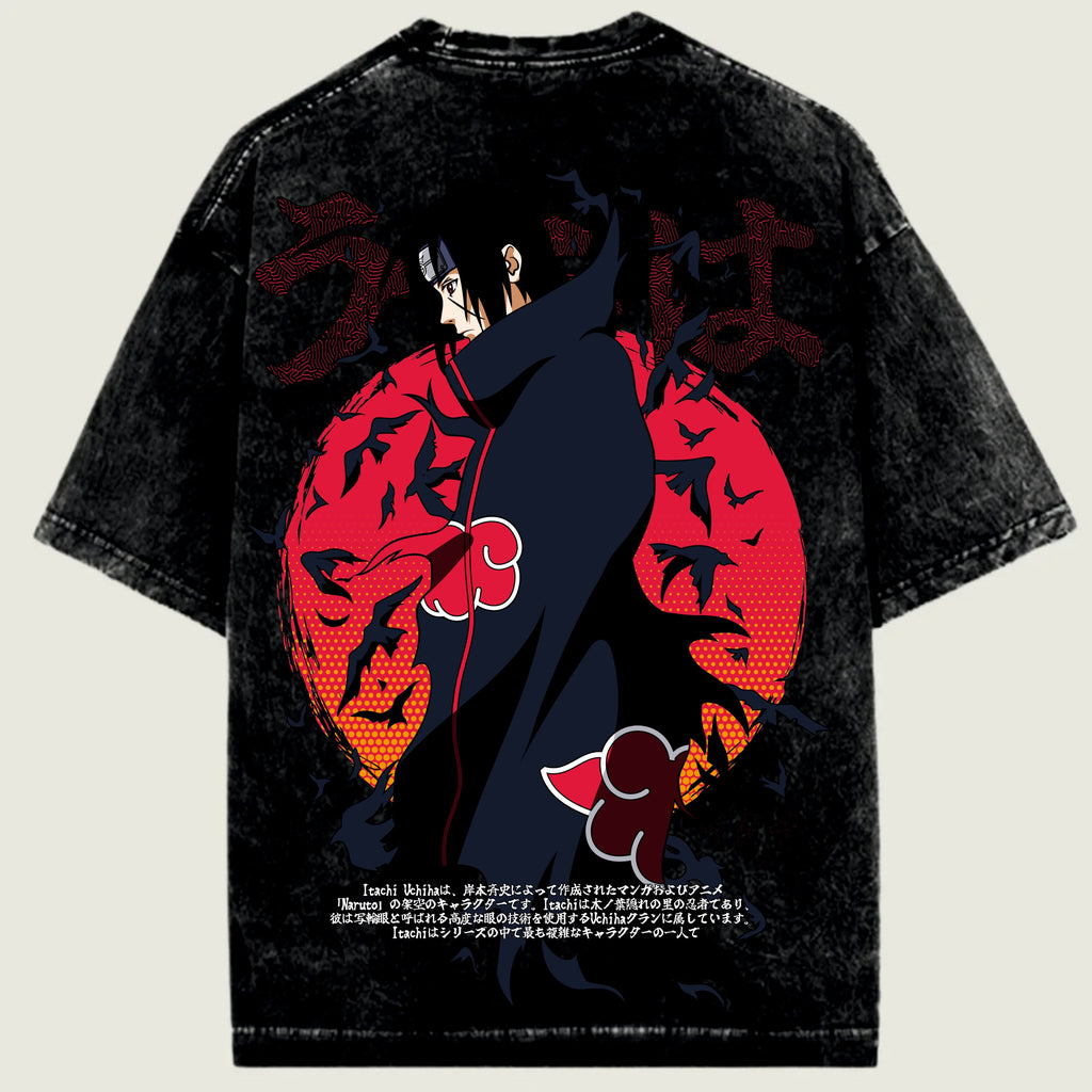 Black t-shirt with red and blue graphic design on a light beige background