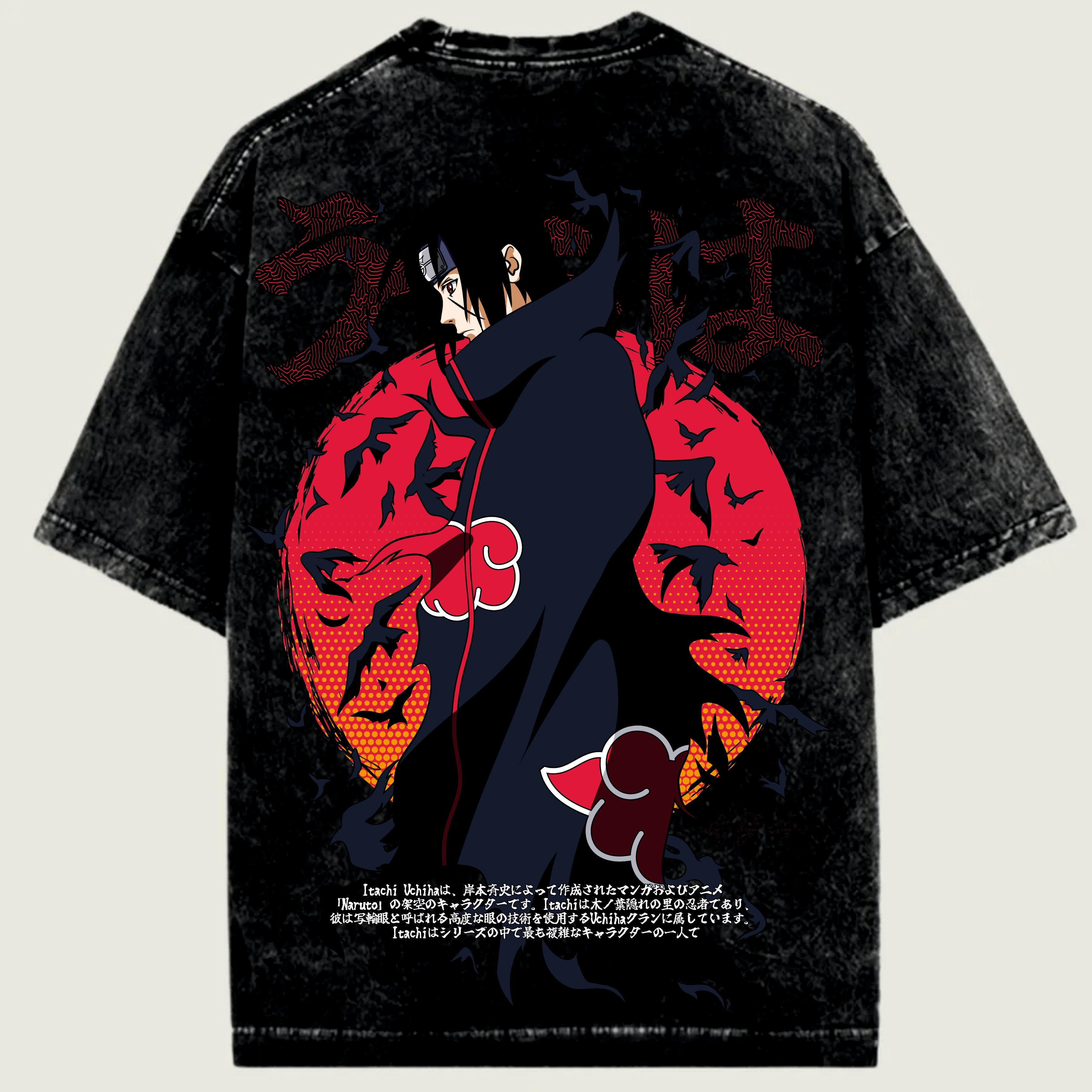 Black t-shirt with red and blue graphic design on a light beige background