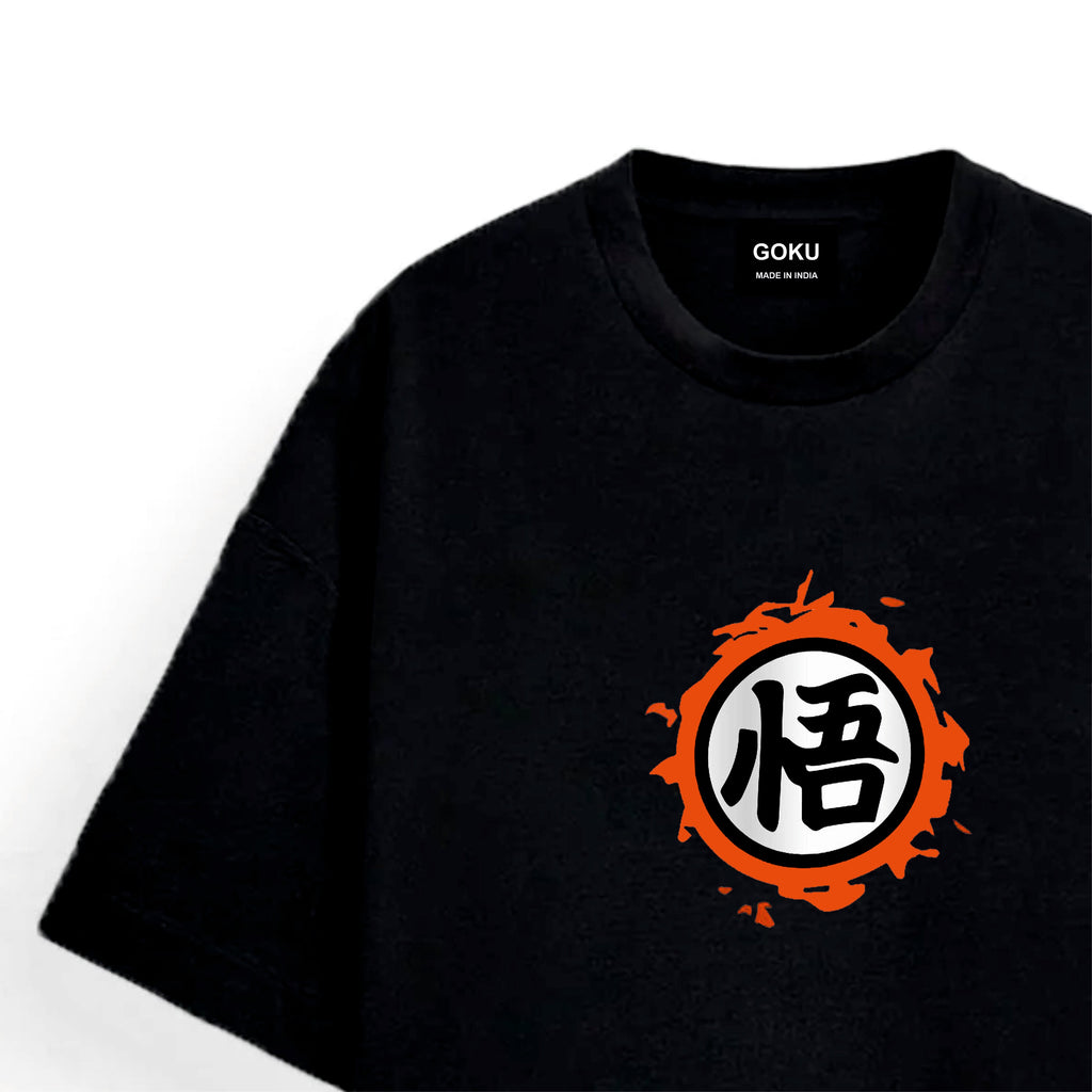 Black t-shirt with a red and white symbol