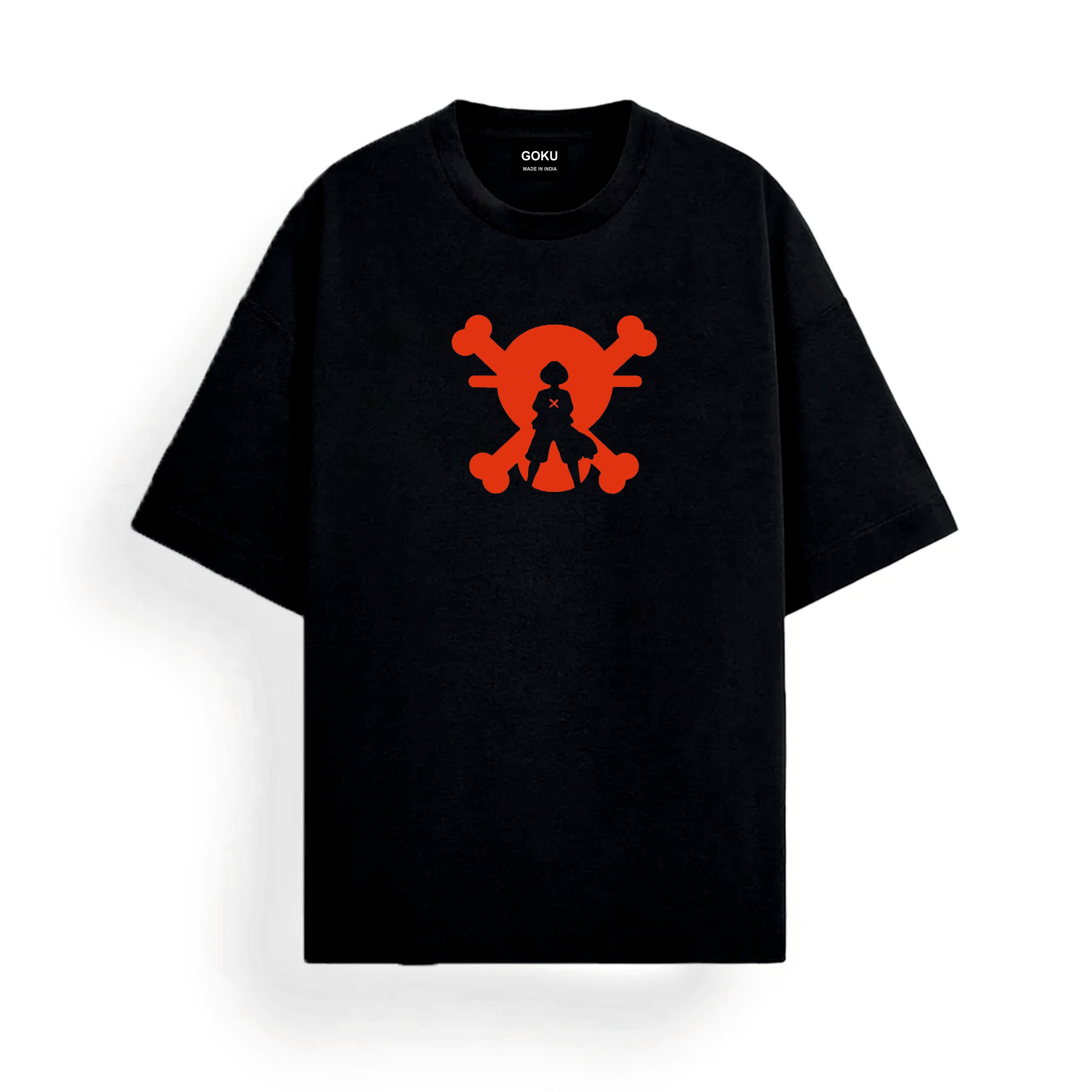 Black t-shirt with a red skull and crossbones design featuring a character