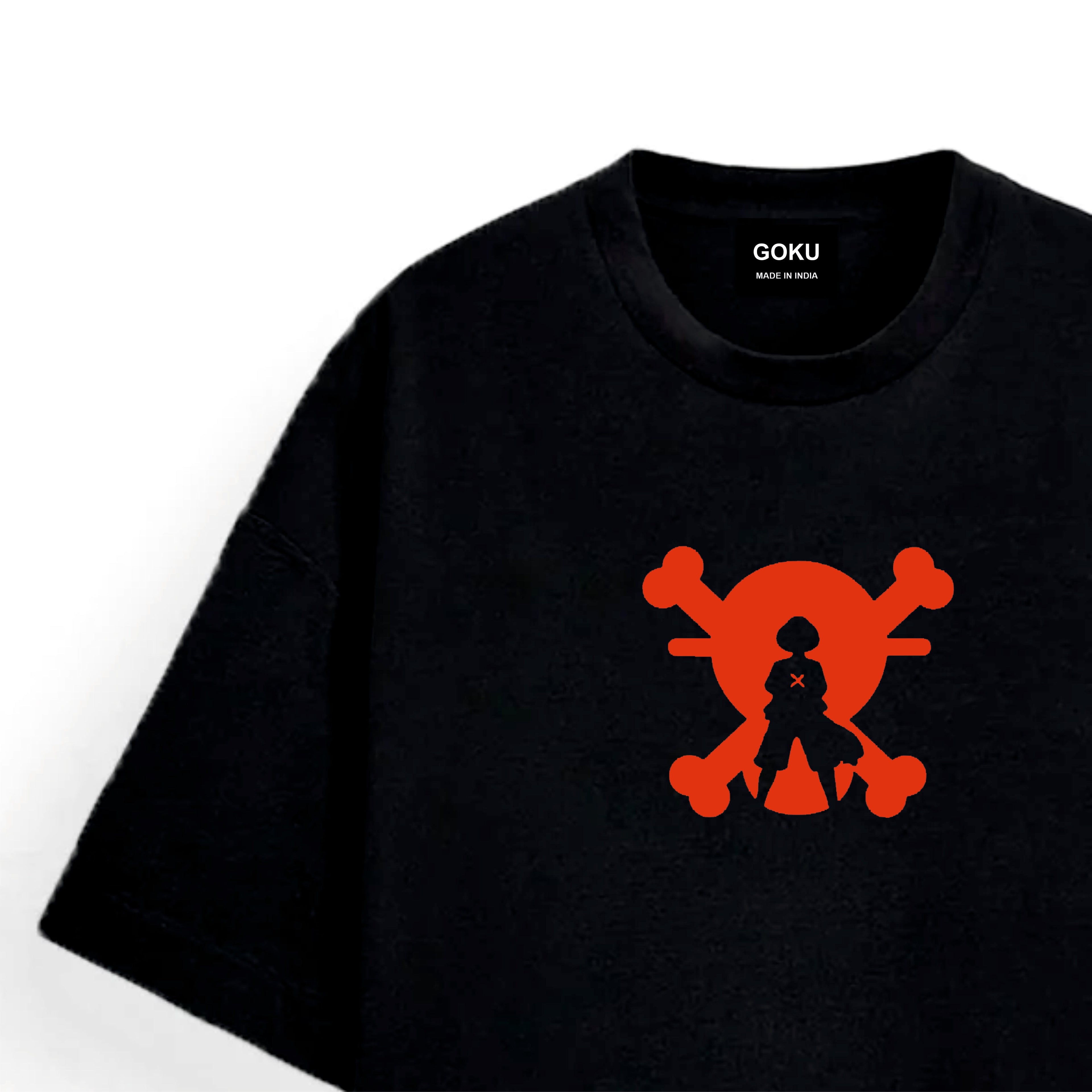 Black t-shirt with red skull and crossbones design featuring a character