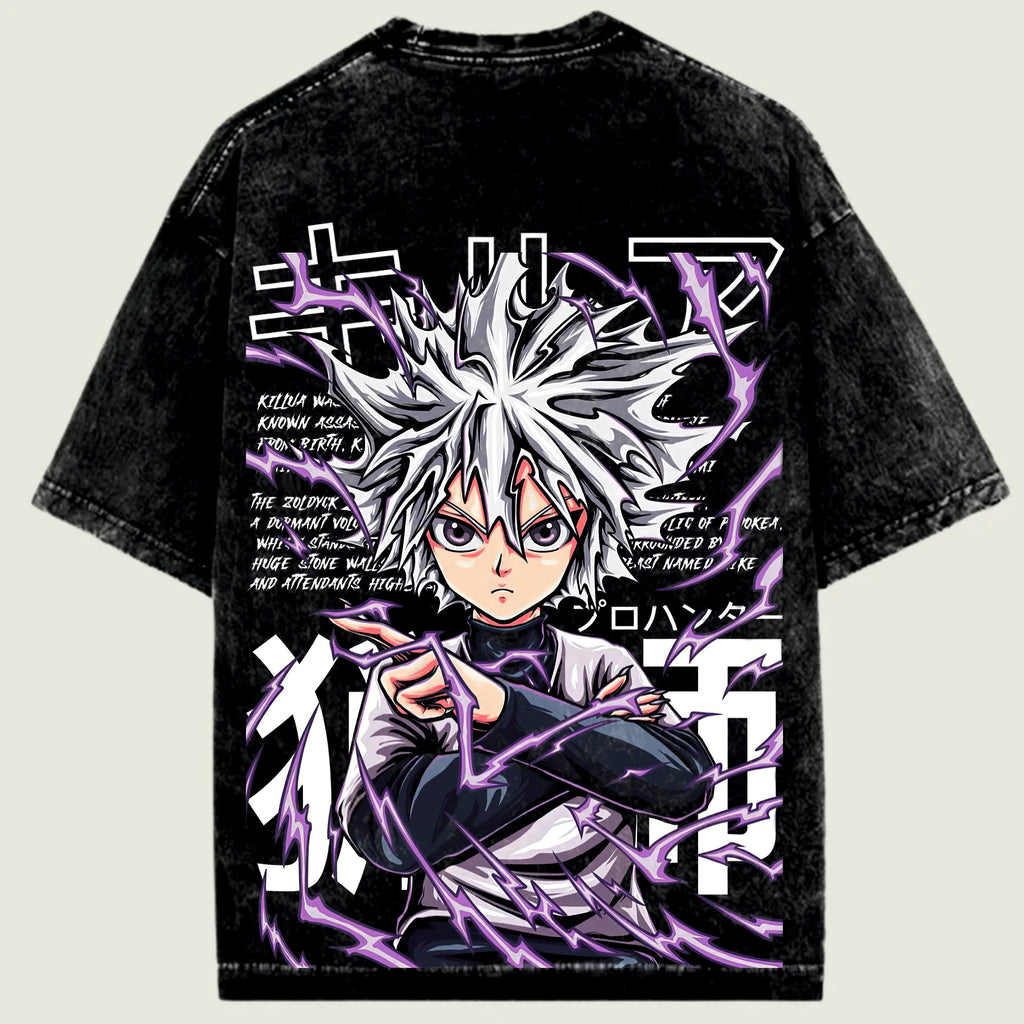 Black t-shirt with an anime character and purple energy design