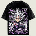 Black t-shirt with an anime character and purple energy design