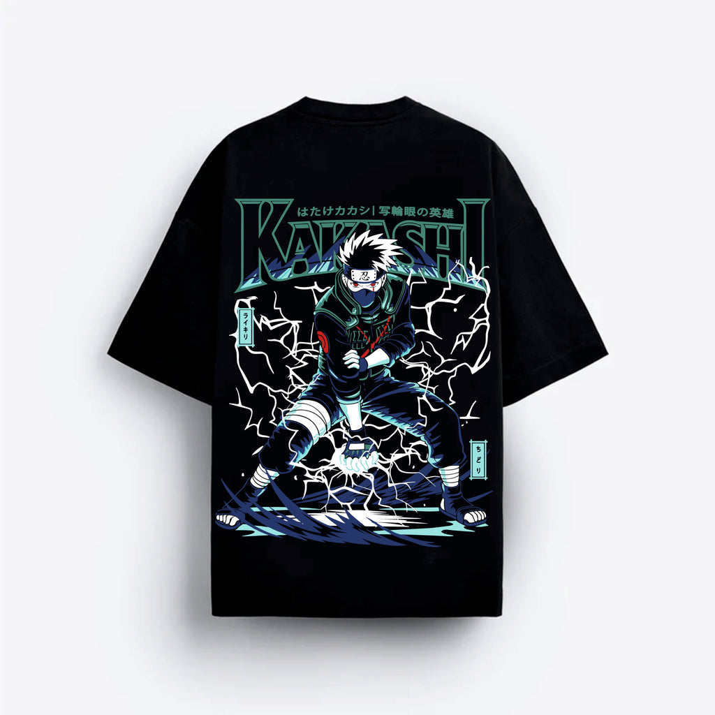 Black t-shirt with a graphic design of a character and text