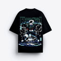 Black t-shirt with a graphic design of a character and text