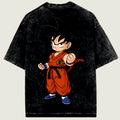 Black t-shirt with a character in red outfit on a beige background