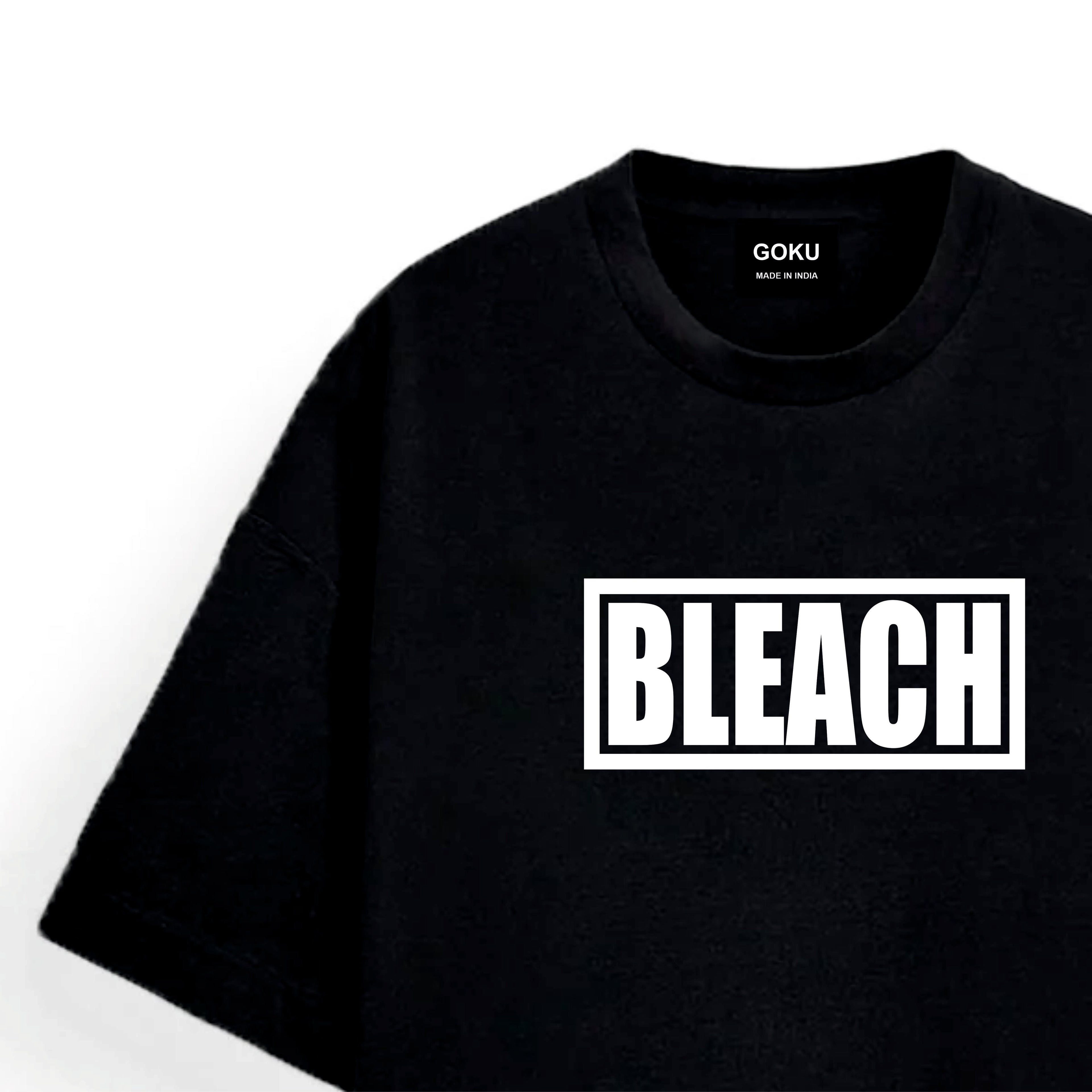 Black t-shirt with 'BLEACH' printed on it against a white background